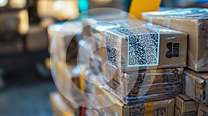 stack of neatly packed parcels with QR codes for quick scanning