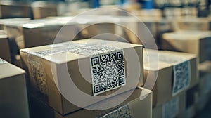 stack of neatly packed parcels with QR codes for quick scanning