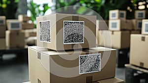 stack of neatly packed parcels with QR codes for quick scanning
