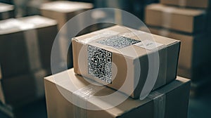 stack of neatly packed parcels with QR codes for quick scanning