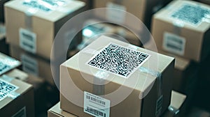 stack of neatly packed parcels with QR codes for quick scanning