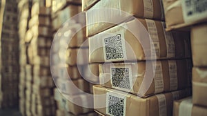 stack of neatly packed parcels with QR codes for quick scanning