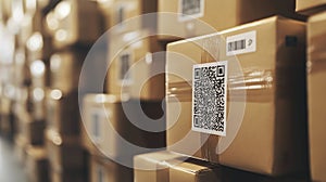 stack of neatly packed parcels with QR codes for quick scanning
