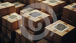 stack of neatly packed parcels with QR codes for quick scanning