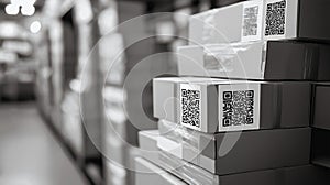 stack of neatly packed parcels with QR codes for quick scanning