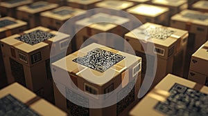 stack of neatly packed parcels with QR codes for quick scanning
