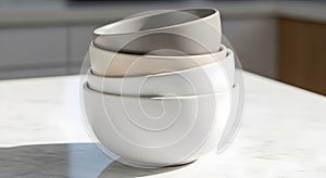 Stack of Neutral Ceramic Bowls on Marble Surface.