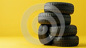 Stack of New Car Tires on Bright Yellow Background