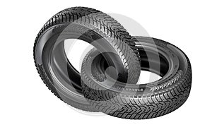 Stack of new car tires on white background