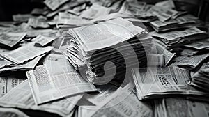 Stack of newspapers with loose papers in black and white journalism and media concept