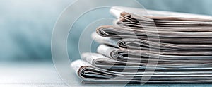 The stack of newspapers resting on a light blue surface..AI generated image