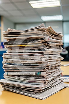 A stack of newspapers sitting on top of a table