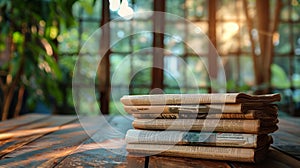 Stack of Newspapers on Wooden Table