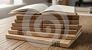 A stack of notebooks is arranged