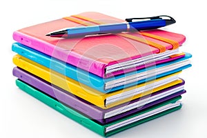 a stack of notebooks with a pen on top of them