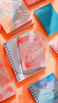 Stack of notebooks in various colors and patterns on table