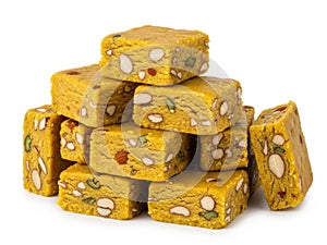 Stack of nutty squares isolated on white background