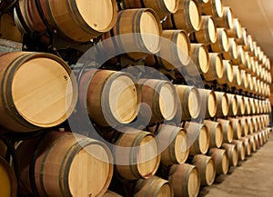 Stack of oak wine barrels