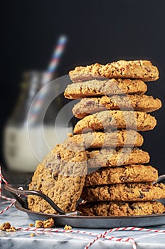 A Stack of Oatmeal Raisin Cookies on Tin Tray