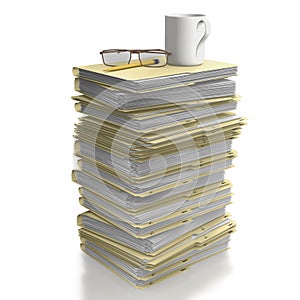 Stack of office files with coffee mug