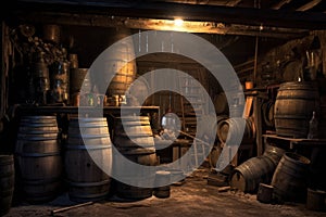 stack of old barrels in a dimly lit cellar