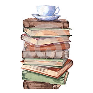 Stack of old books with a coffee cup on the top.