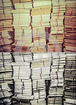 Stack of old books and documents in grunge retro color set