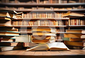 A stack of old books and flying book pages against the background of the shelves in the library