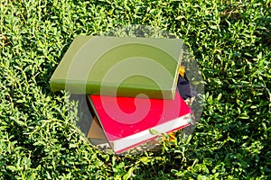 Stack of old books on green grass