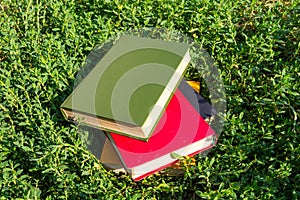 Stack of old books on green grass