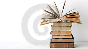 Stack of Old Books with Open Book on Top