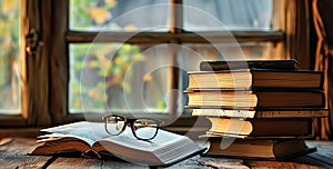 Stack of old books and an opn book near a window .Space for text. AI generated photo