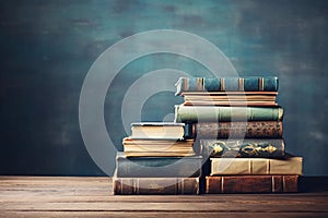 Stack of old books on the table on blue background with copy space. AI generated
