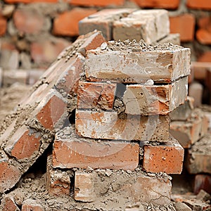 Stack of old, broken bricks and mortar