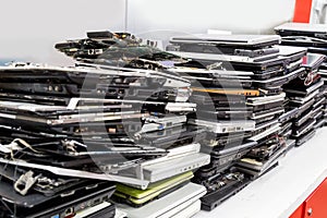 Stack of old, broken and obsolete laptop computer for repair