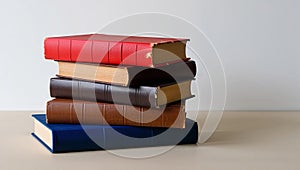Stack of old colorful books on light table representing knowledge and learning