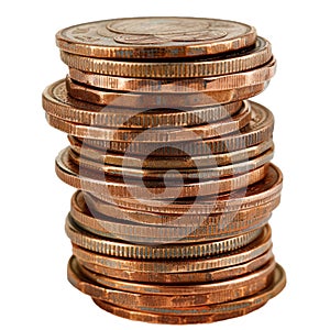 Stack of old copper coins isolated on white background