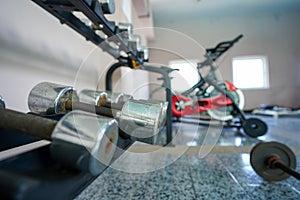 Stack of old dumbbell rusty in the gym