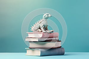 Stack of old fantasy literature books with dragon. Generative AI