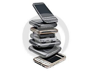 Stack of old mobile phones on white background - generated by ai
