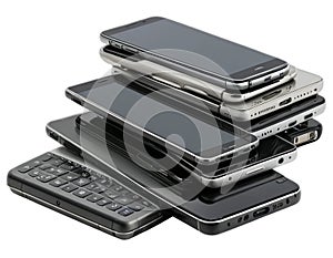 Stack of old mobile phones on white background - generated by ai