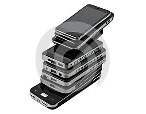 Stack of old mobile phones on white background - generated by ai