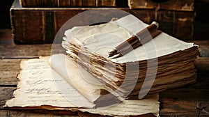 a stack of old papers with a pen on top of it