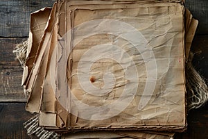 A stack of old papers resting on a wooden table