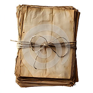 Stack of old papers tied with string, isolated on white background