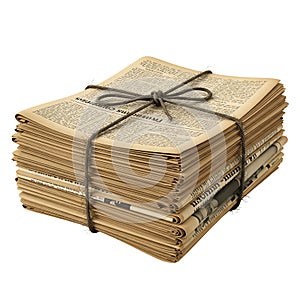 A stack of old papers tied with a string on transparent background