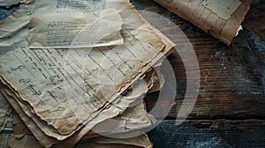 Stack of Old Papers on a Wooden Surface