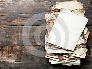 A stack of old papers on a wooden table