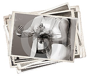 Stack of old photos with Young newlywed just married