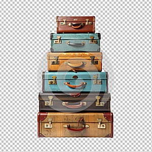Stack of Old suitcases isolated on transparent background
